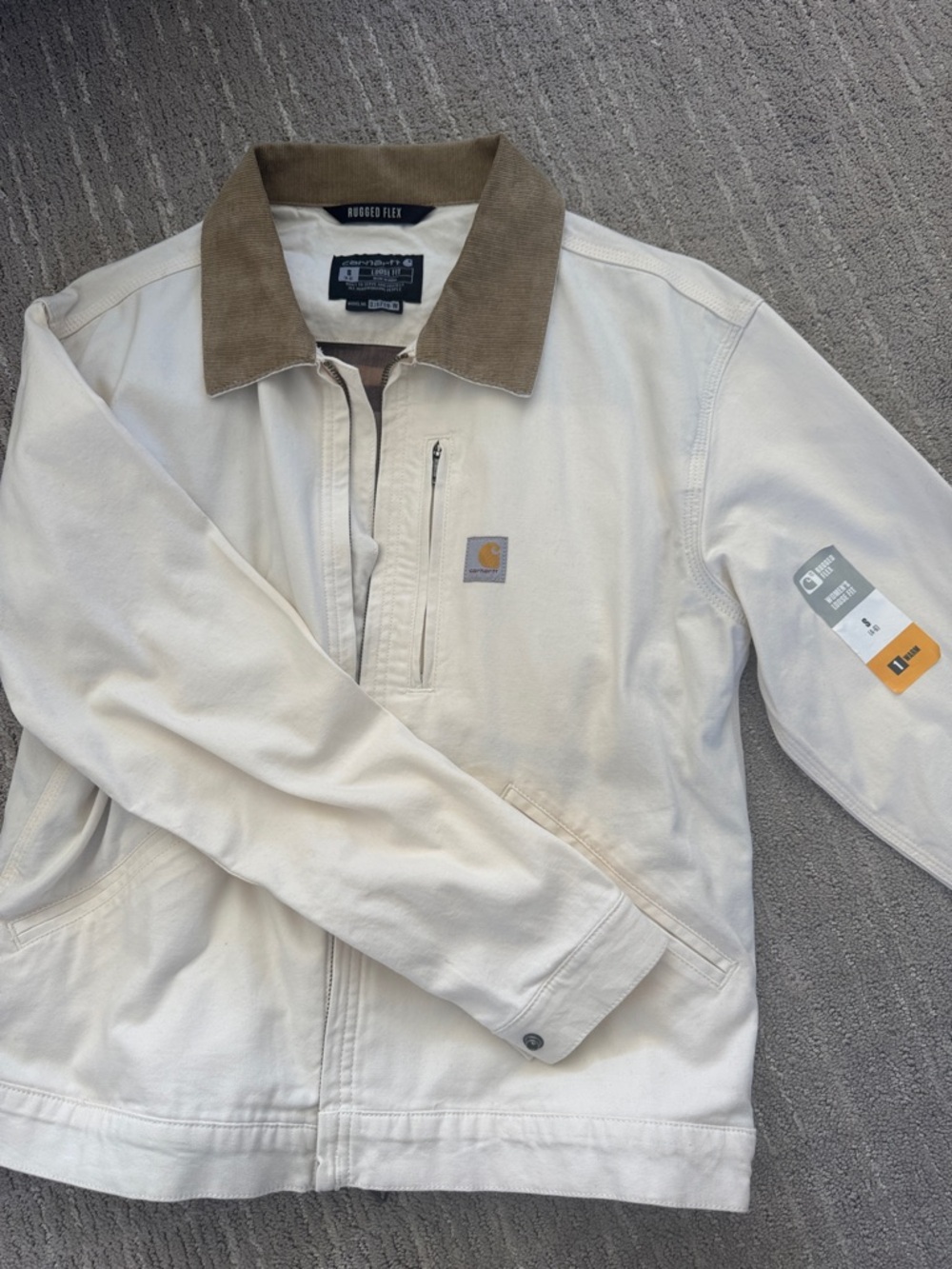 Carhartt Cream Canvas Jacket with Brown Corduroy Collar
